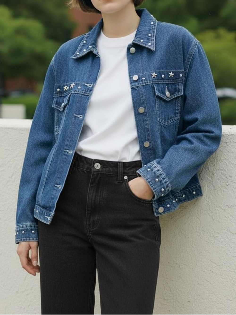 Vintage 80s Star Rivets Western Boho Denim Jean Jacket Size Large Medium Wash - Picture 1 of 5